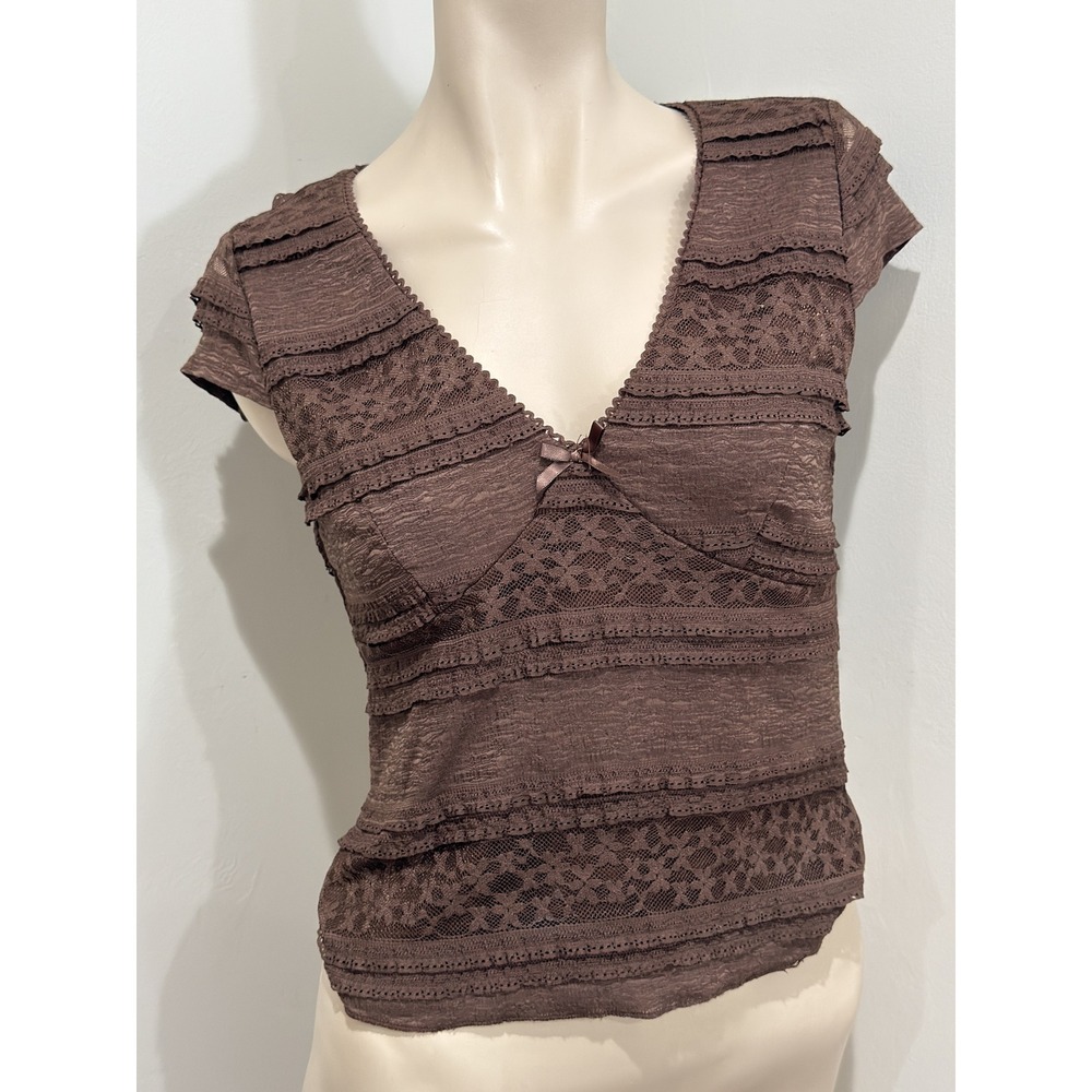 Thirty Thirty LA Brown Lace Tiered Cap Sleeve V-Neck Top Size Large Boho Bow